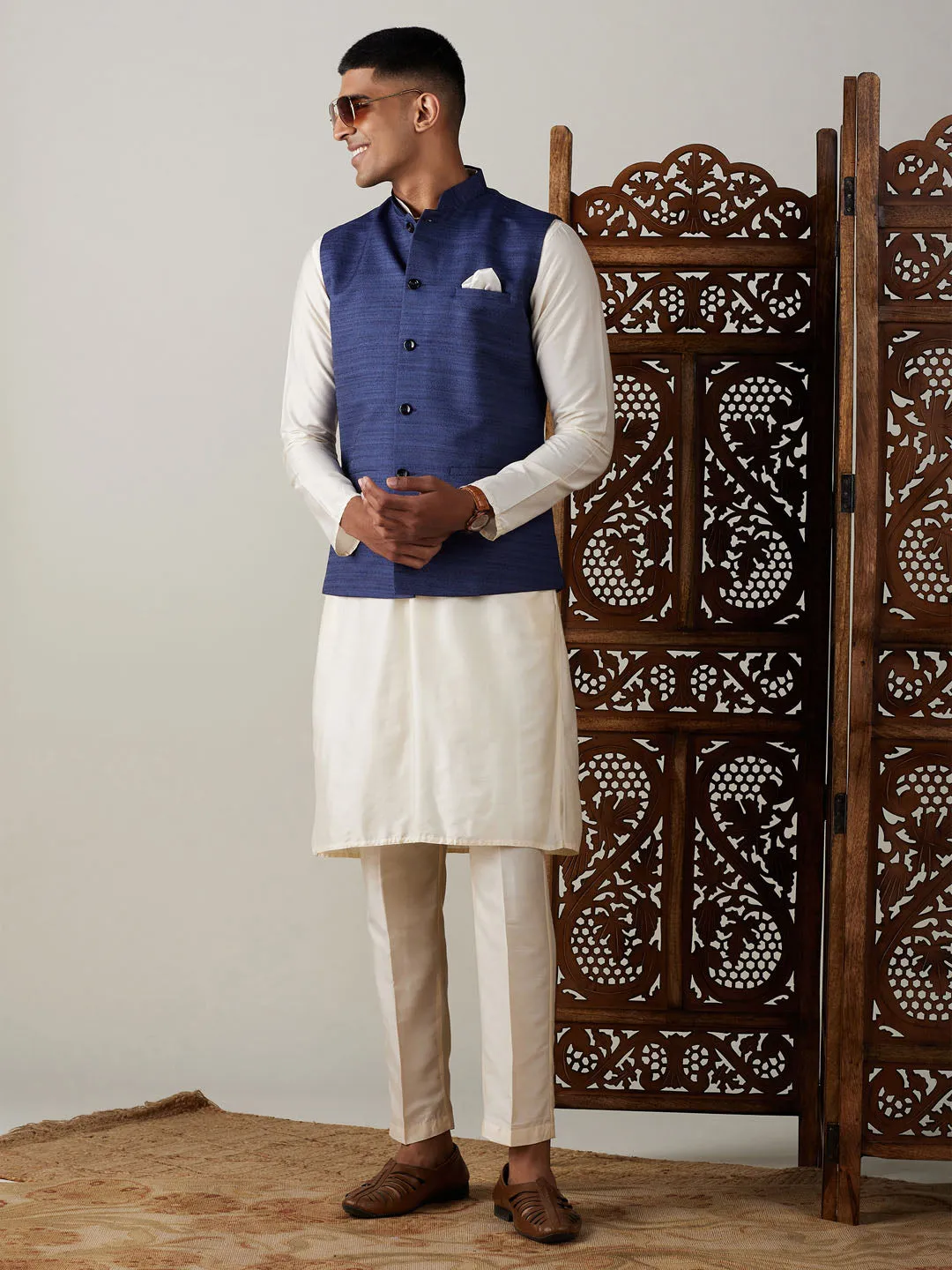 Navy Blue Solid Nehru Jacket Set