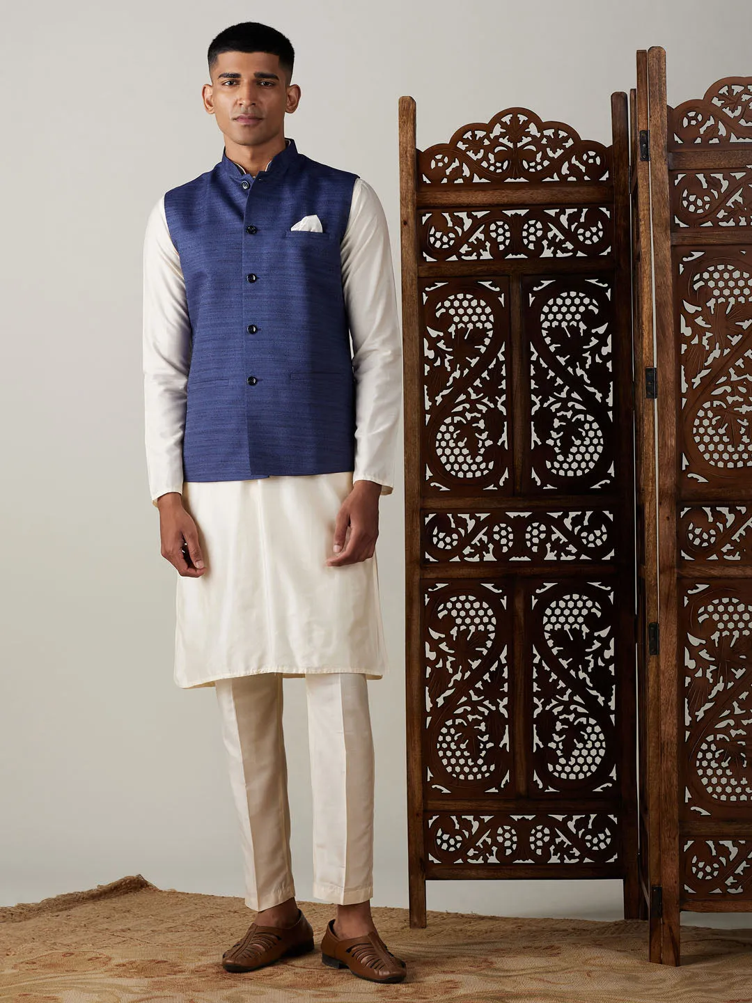 Navy Blue Solid Nehru Jacket Set