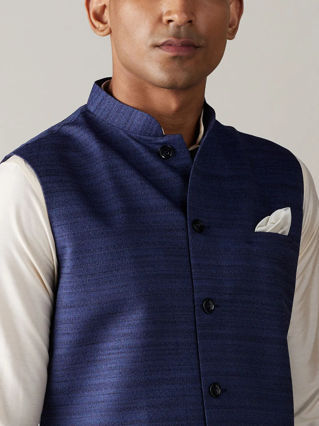 Navy Blue Solid Nehru Jacket Set