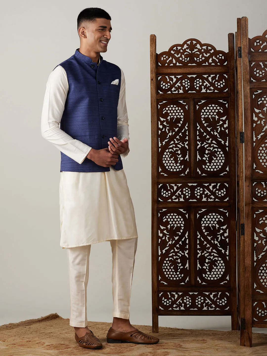 Navy Blue Solid Nehru Jacket Set