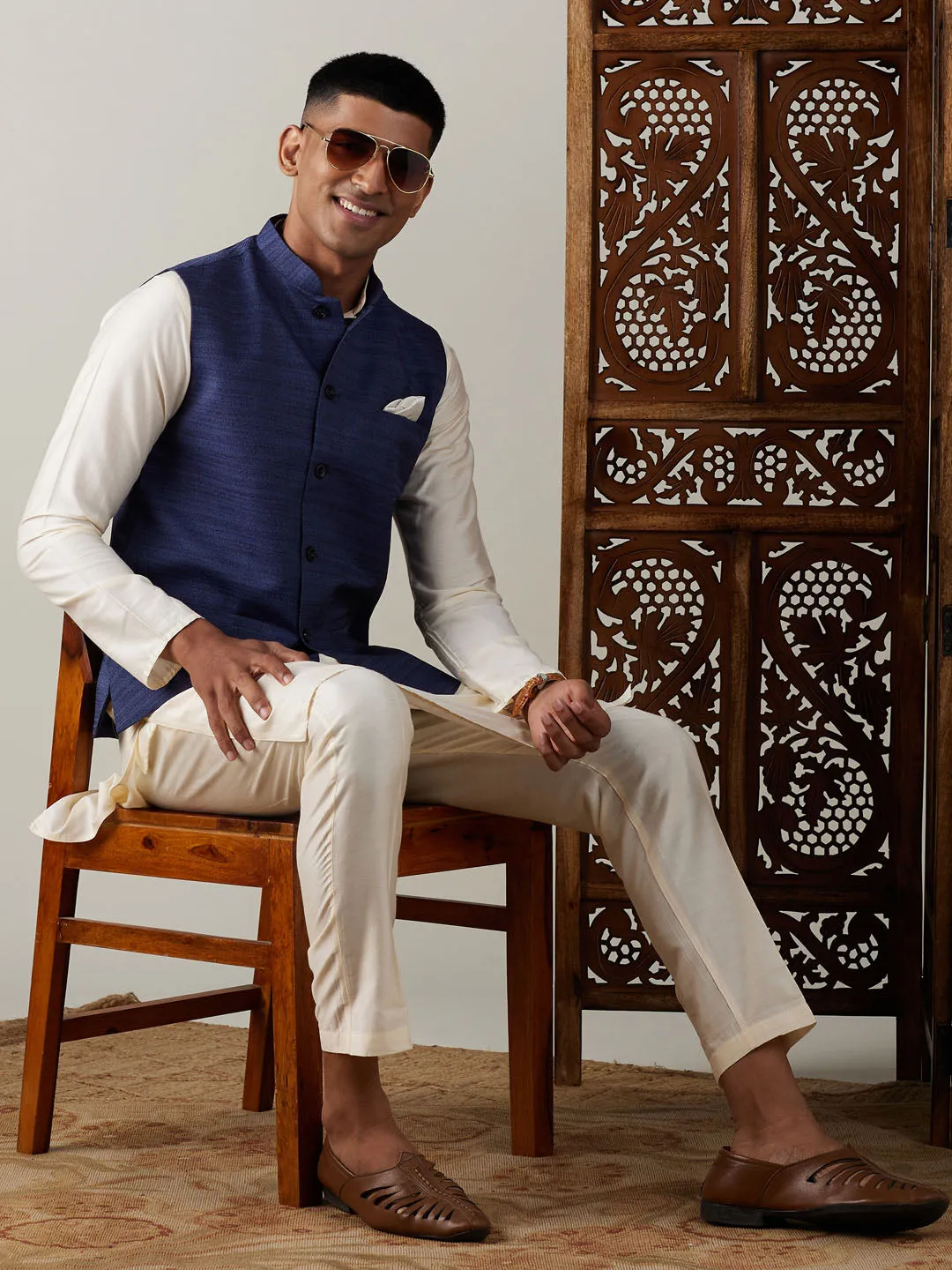 Navy Blue Solid Nehru Jacket Set