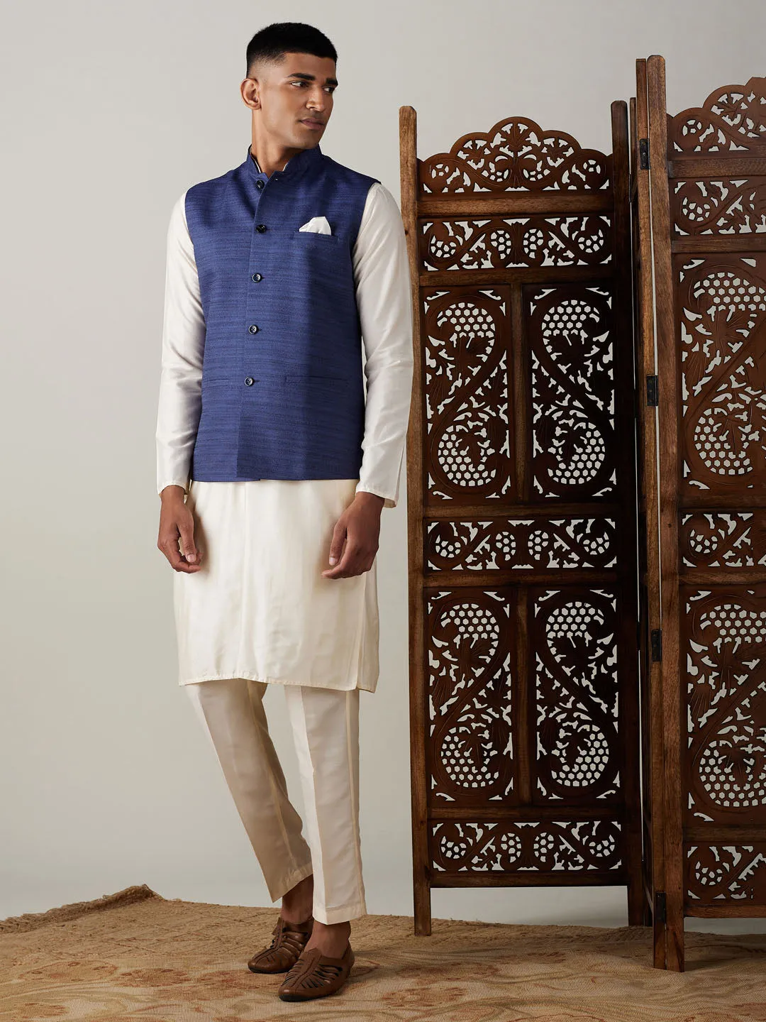 Navy Blue Solid Nehru Jacket Set