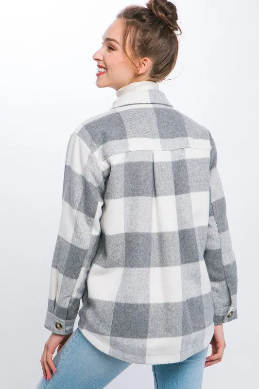 Plaid Button Down Jacket with Front Pocket Detail