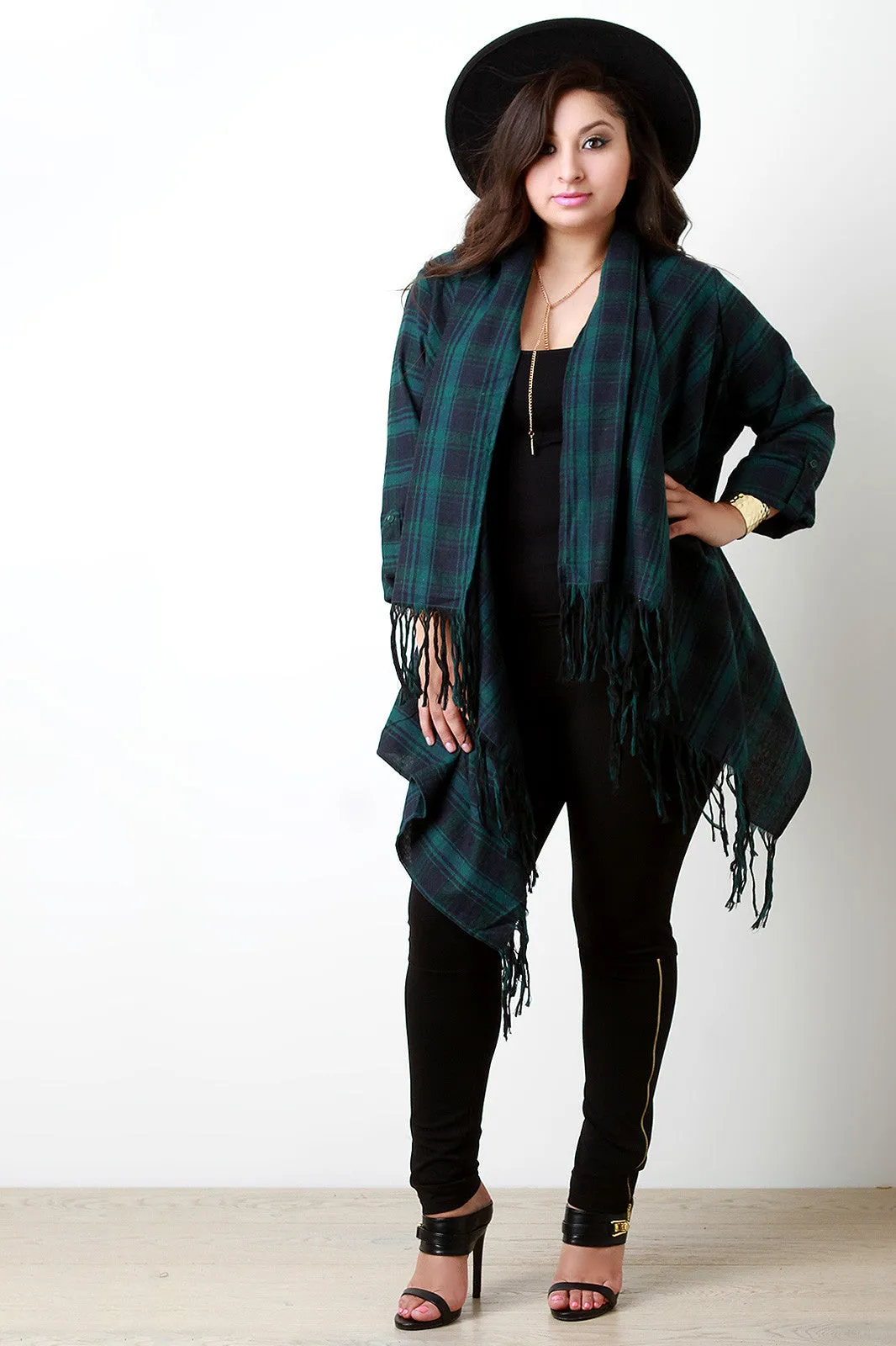 Plaid Fringe Hem Draped Boxy Cardigan