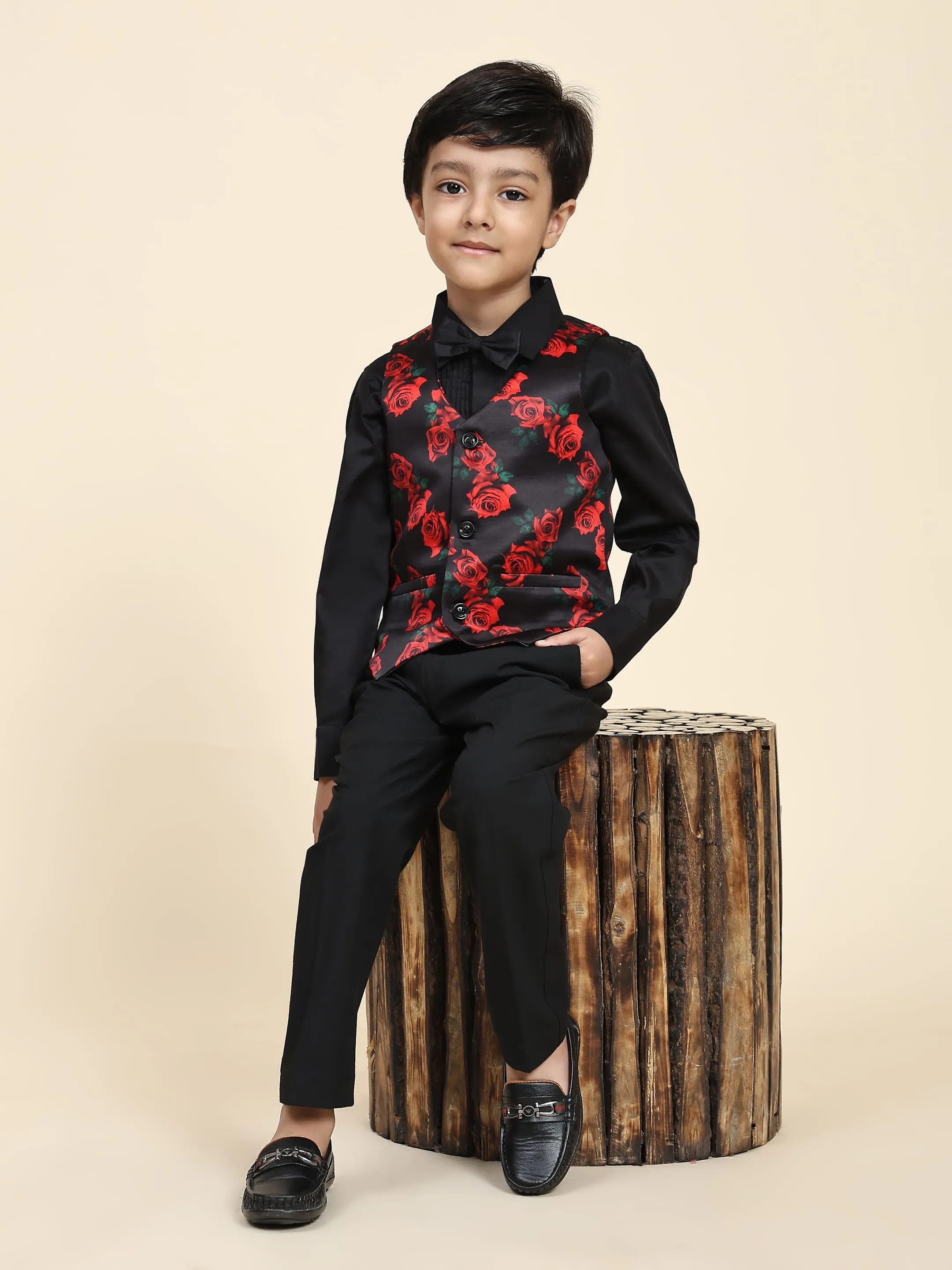 Pre-Order: Red Rose Print Pure Waist Coat, Black Shirt and Black Trouser Set