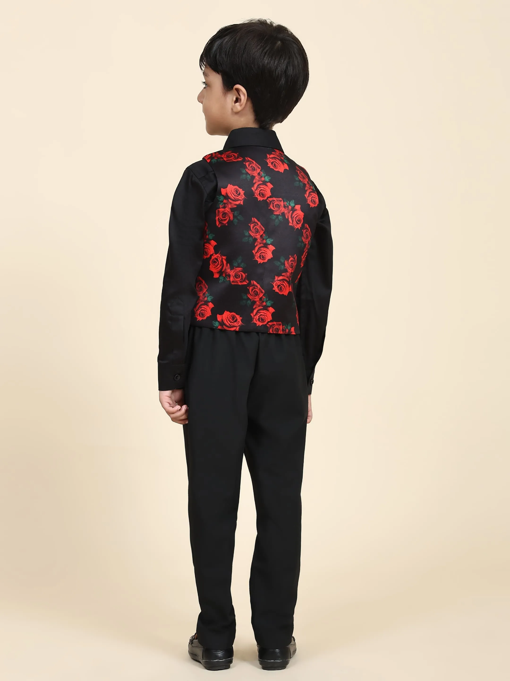 Pre-Order: Red Rose Print Pure Waist Coat, Black Shirt and Black Trouser Set