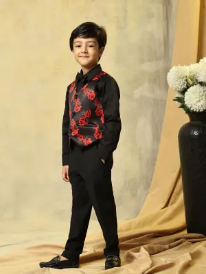 Pre-Order: Red Rose Print Pure Waist Coat, Black Shirt and Black Trouser Set