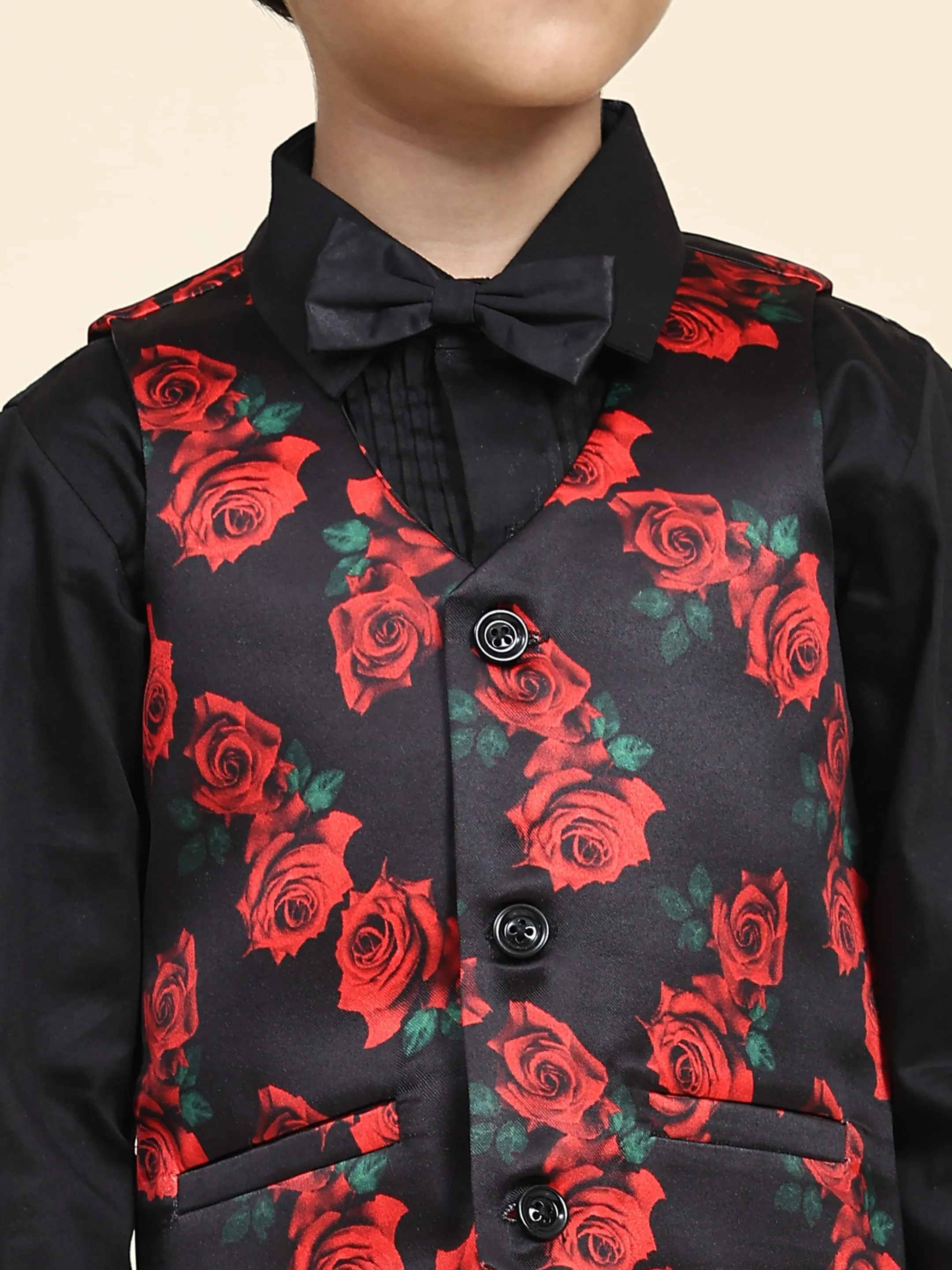 Pre-Order: Red Rose Print Pure Waist Coat, Black Shirt and Black Trouser Set