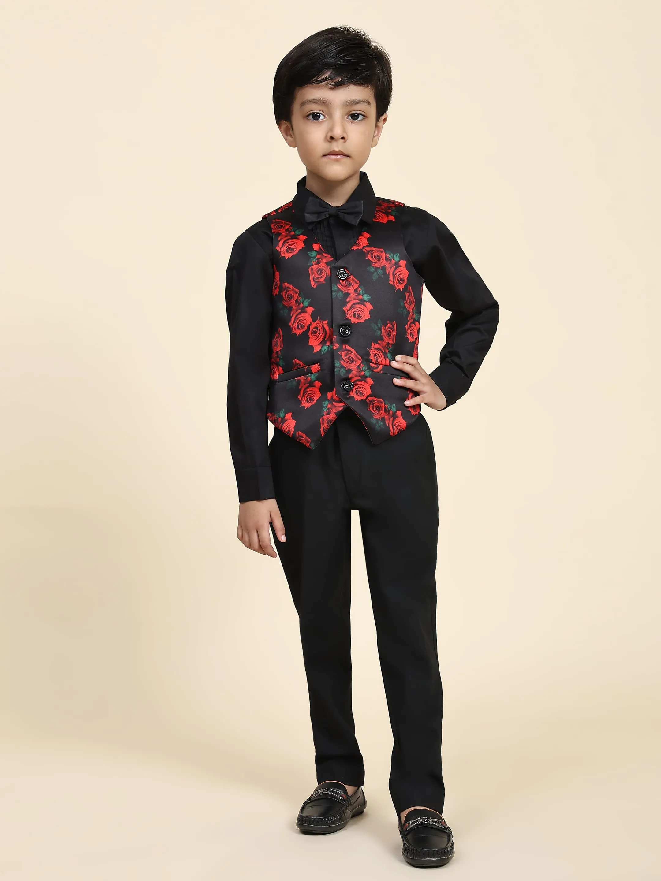 Pre-Order: Red Rose Print Pure Waist Coat, Black Shirt and Black Trouser Set