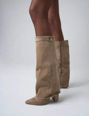 Say Yes Beige Faux Suede Padlock Fold Over Knee High Boots