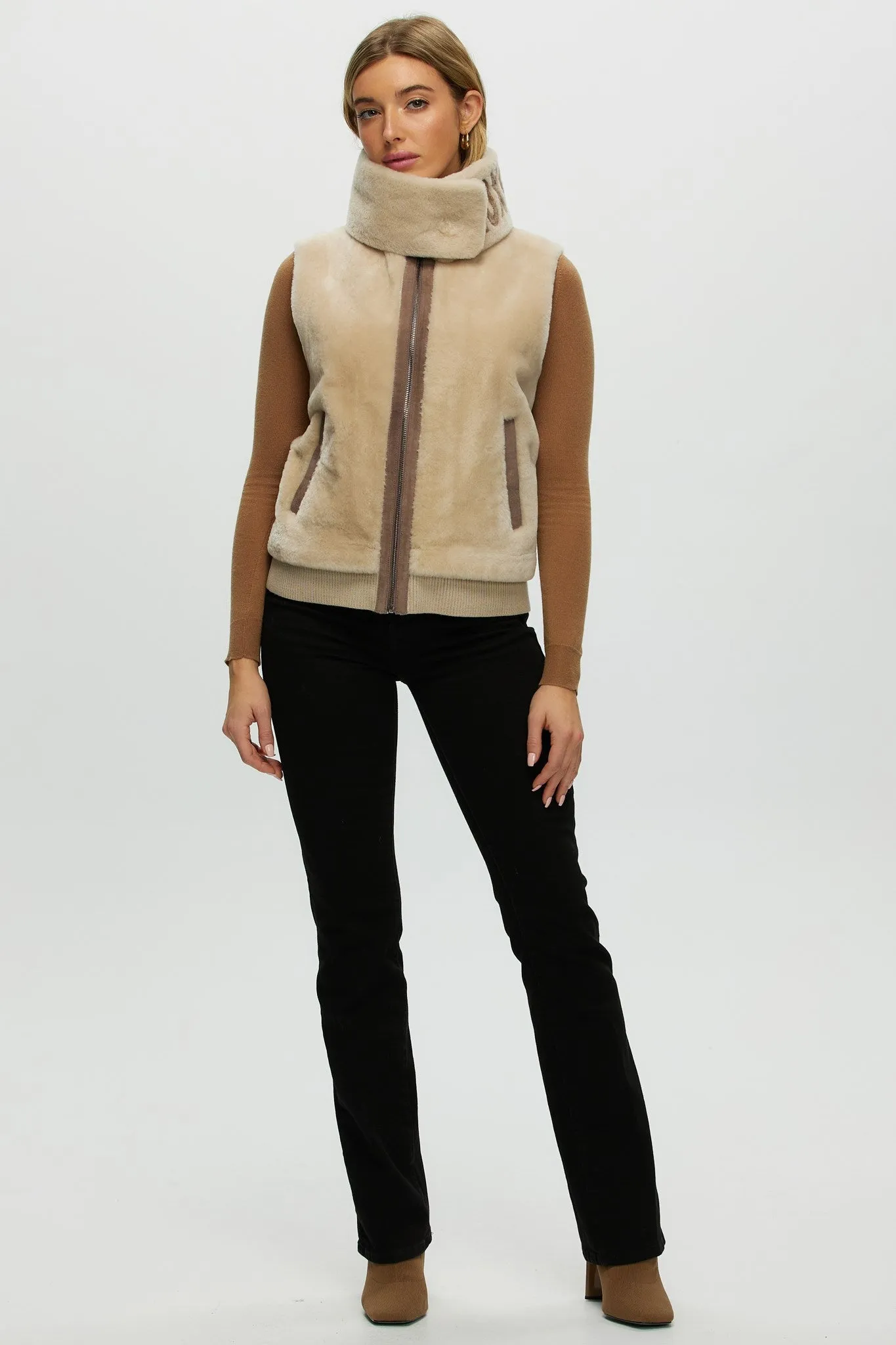 Shearling Lamb Zip Vest with Detachable Collar