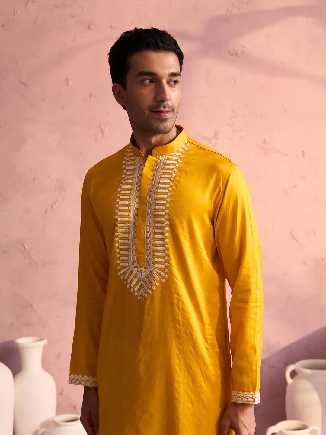 SHRESTHA BY VASTRAMAY Men's Yellow Silk Machine Embroidered Kurta