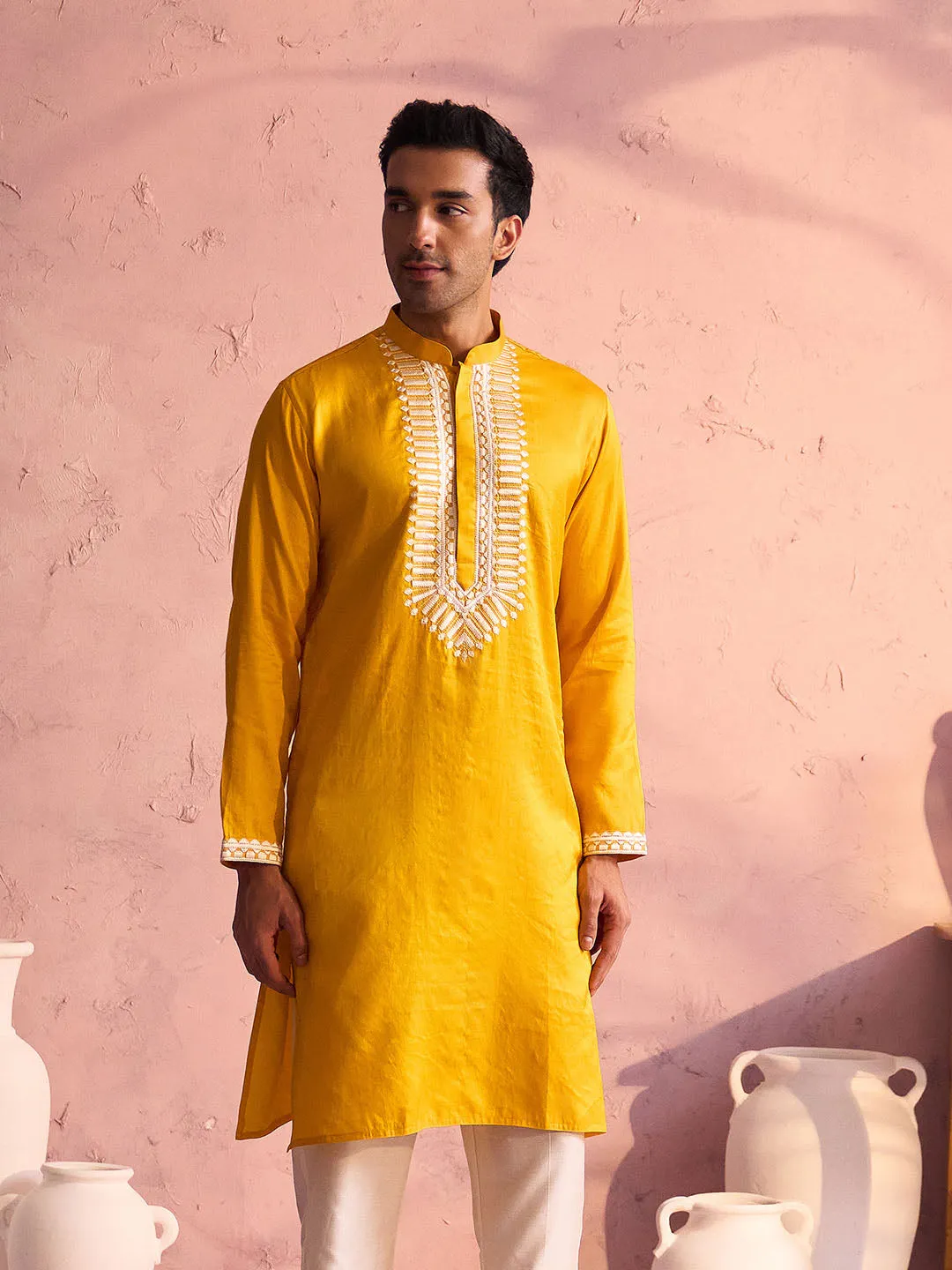 SHRESTHA BY VASTRAMAY Men's Yellow Silk Machine Embroidered Kurta