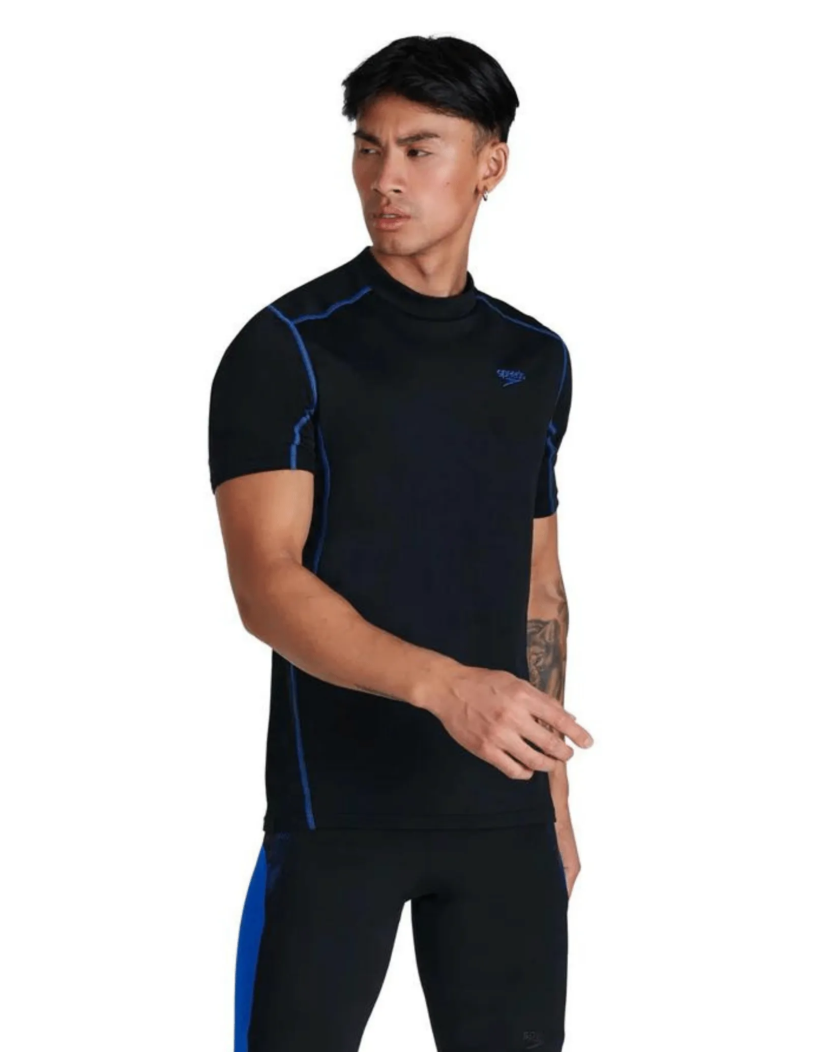 Speedo Mens Tech Short Sleeve Rash Top - Black/Blue