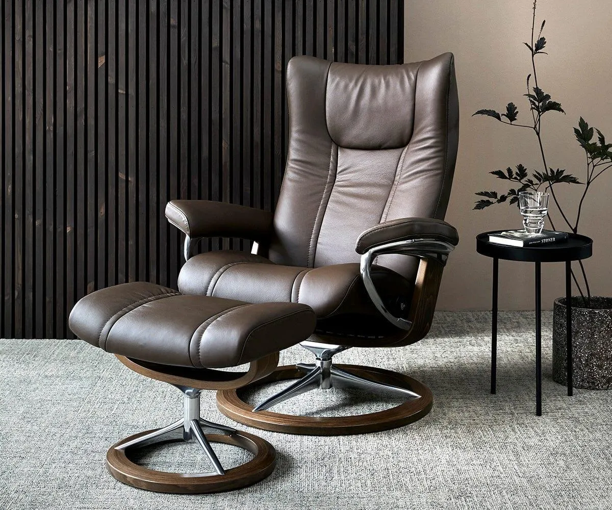 Stressless® Wing Recliner & Ottoman with Signature Base - Chocolate