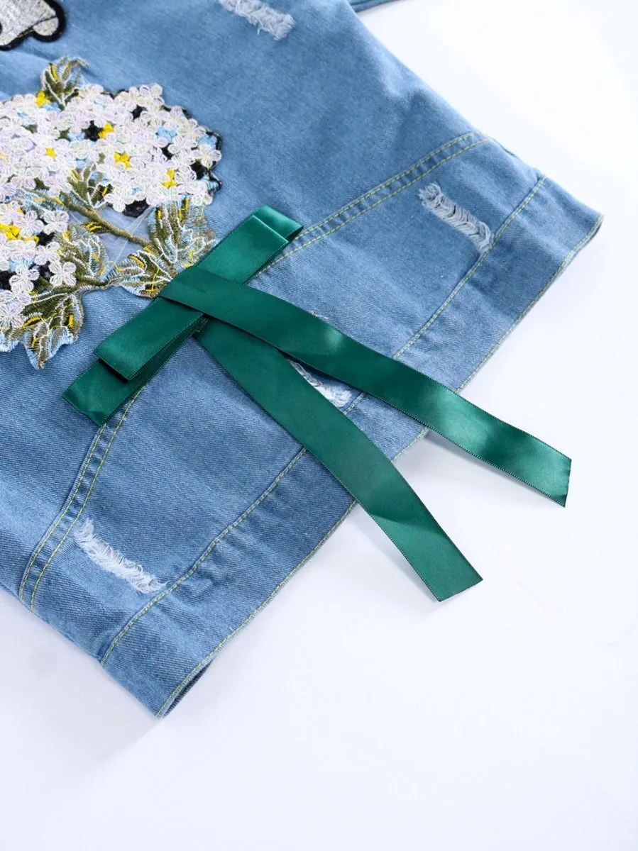 Stylish Toddler Big Girl Flower Bow Trim Denim Jacket