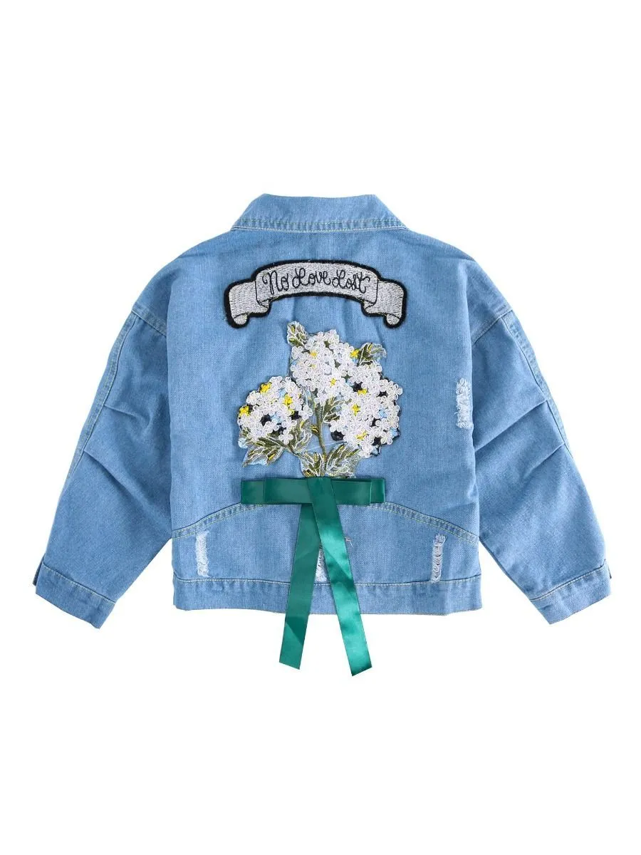 Stylish Toddler Big Girl Flower Bow Trim Denim Jacket