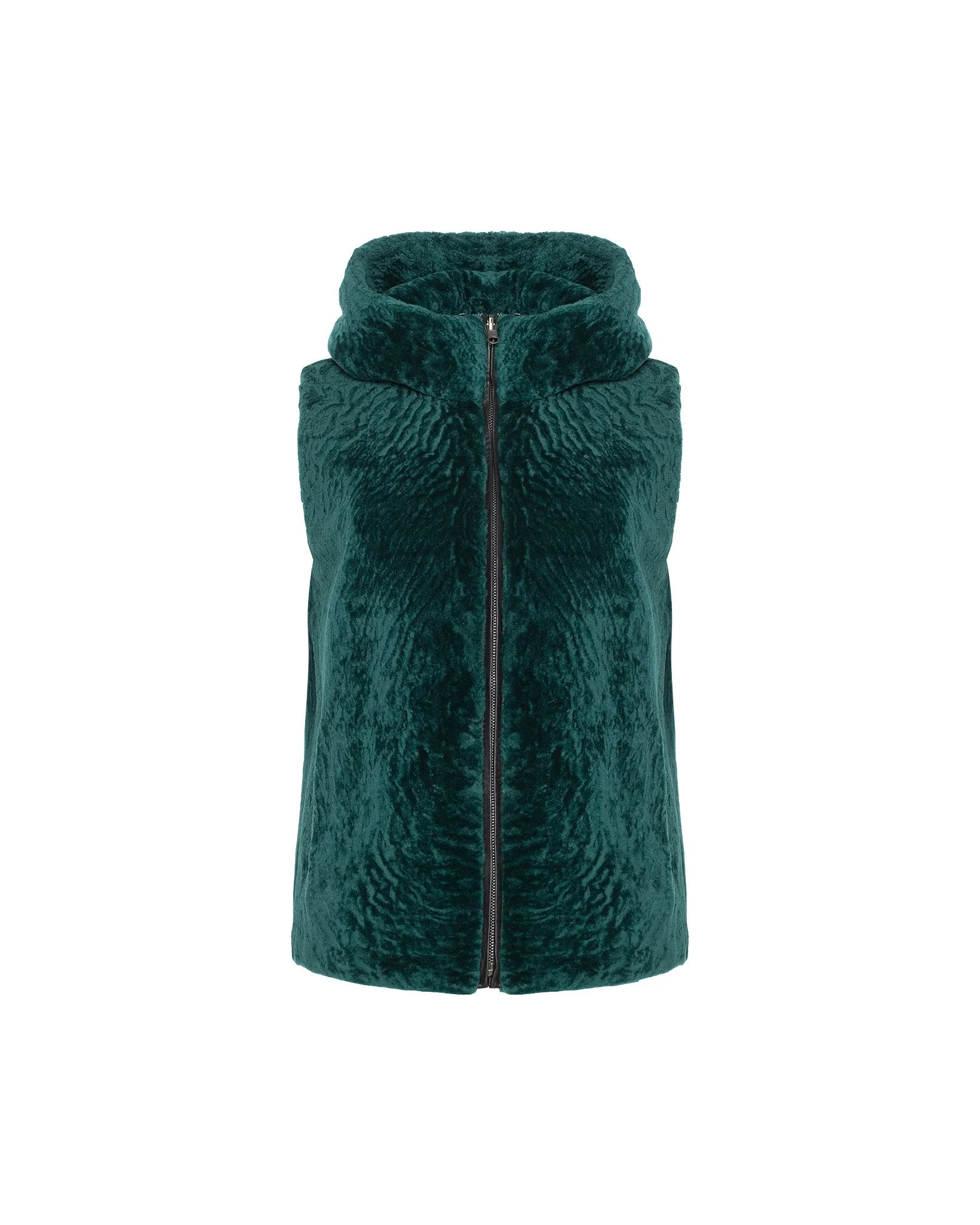 Textured Shearling Lamb Zip Vest Hooded Reversible To Taffeta