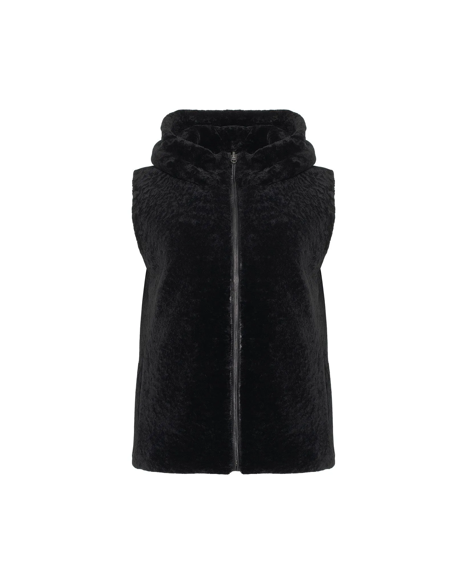 Textured Shearling Lamb Zip Vest Hooded Reversible To Taffeta