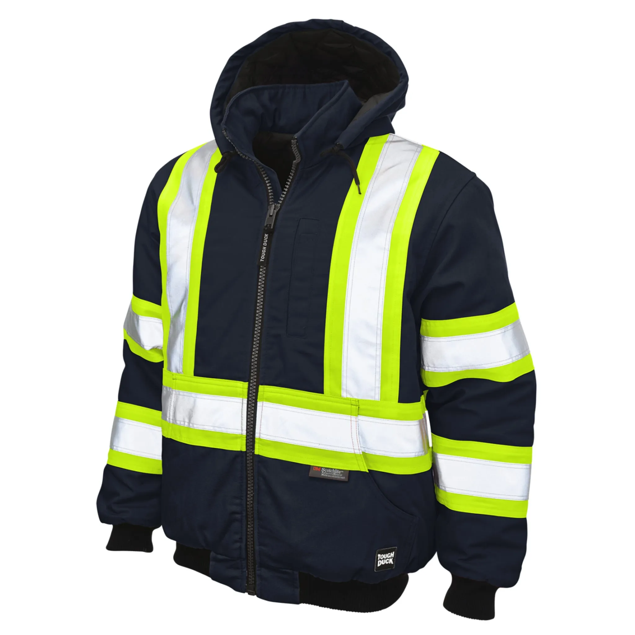 Tough Duck Men's Hi Vis Winter Safety Work Bomber Jacket SJ25, CSA Cotton Duck Reflective, 10 oz Cotton Duck Quilted Insulation 3M™ Scotchlite™ |  Sizes XS-5XL