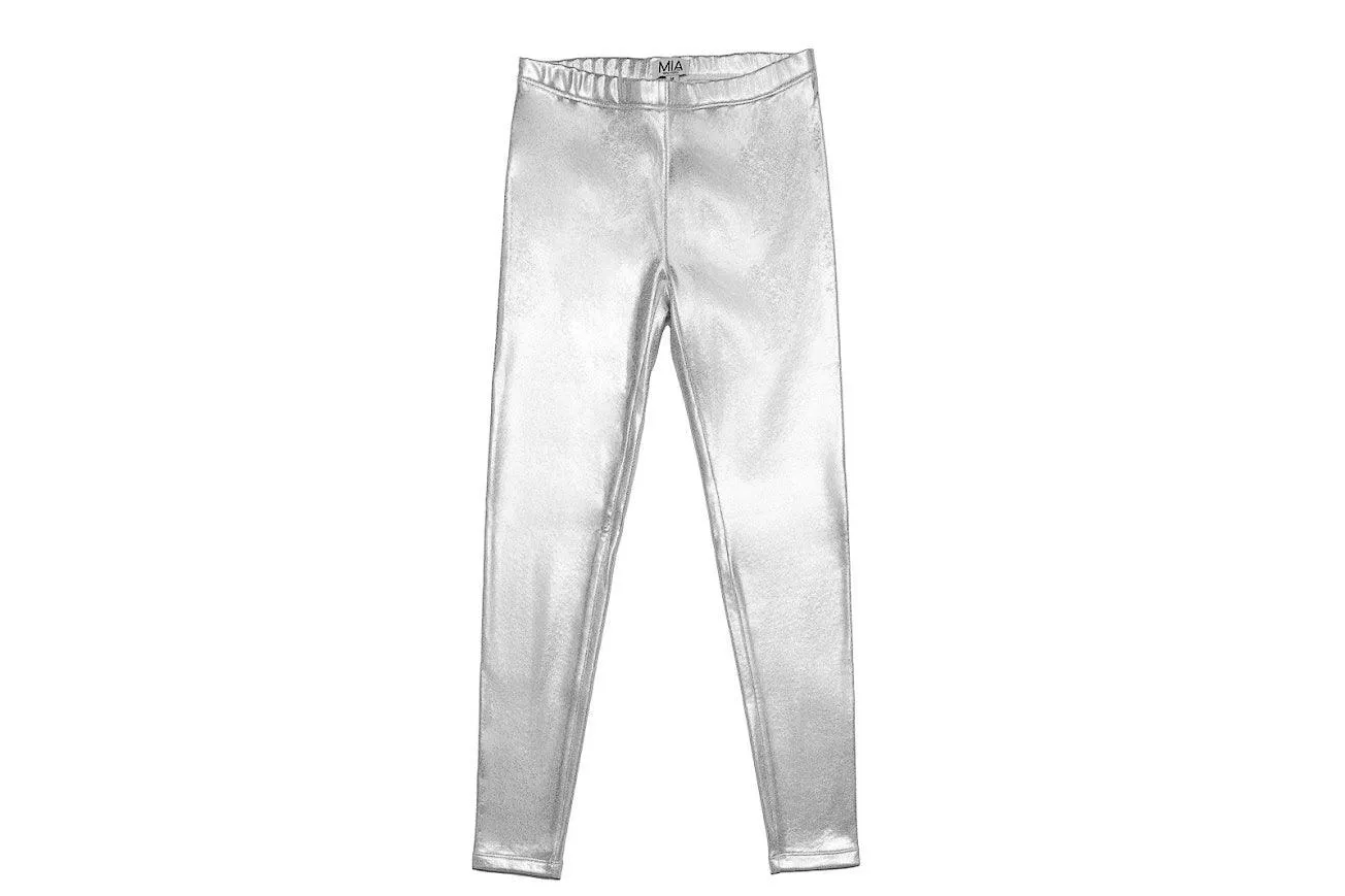 Tween Bottoms | Leggings- Silver Metallic | Mia New York