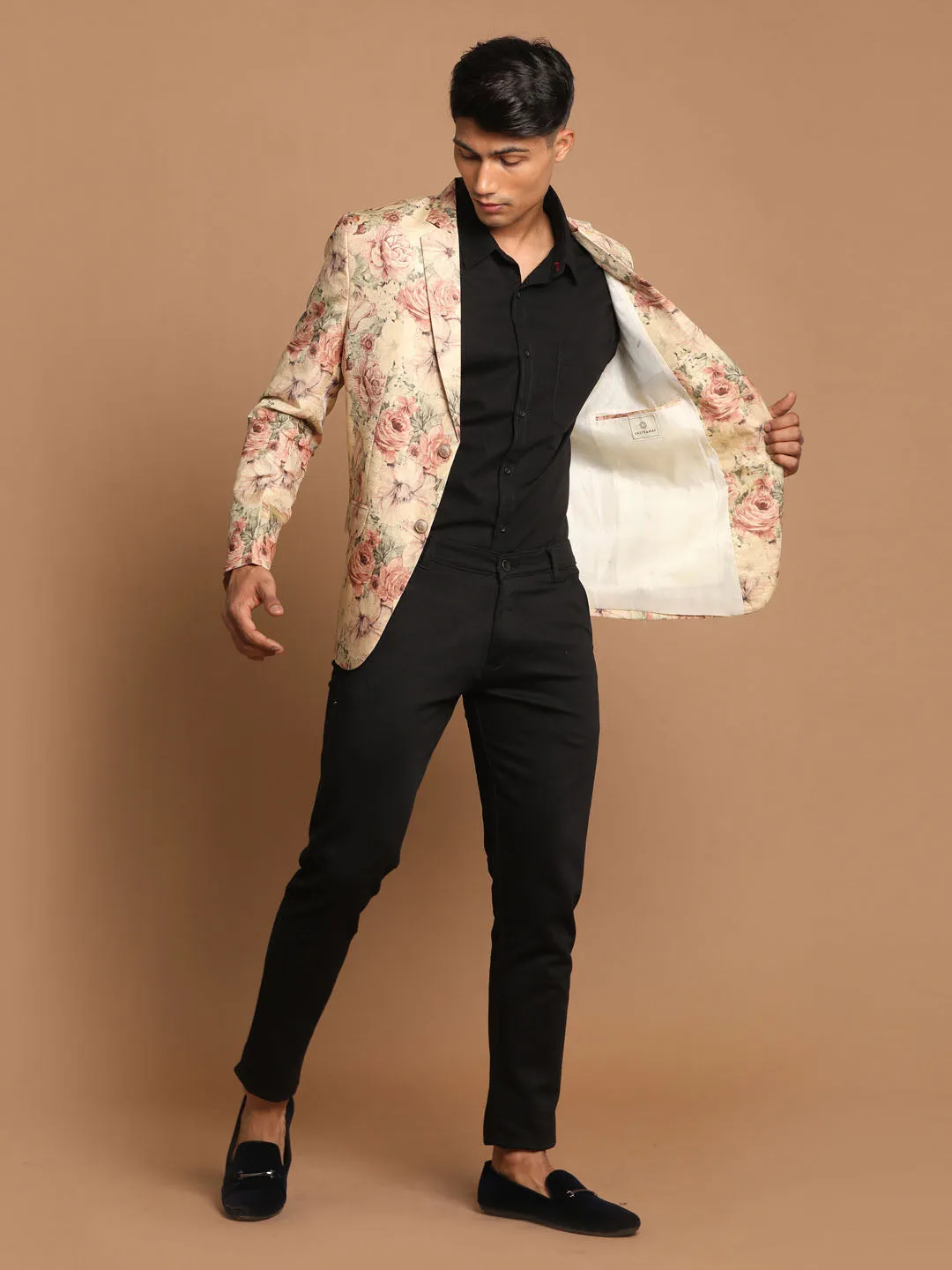 VASTRAMAY Beige Floral Print Silk Blazer