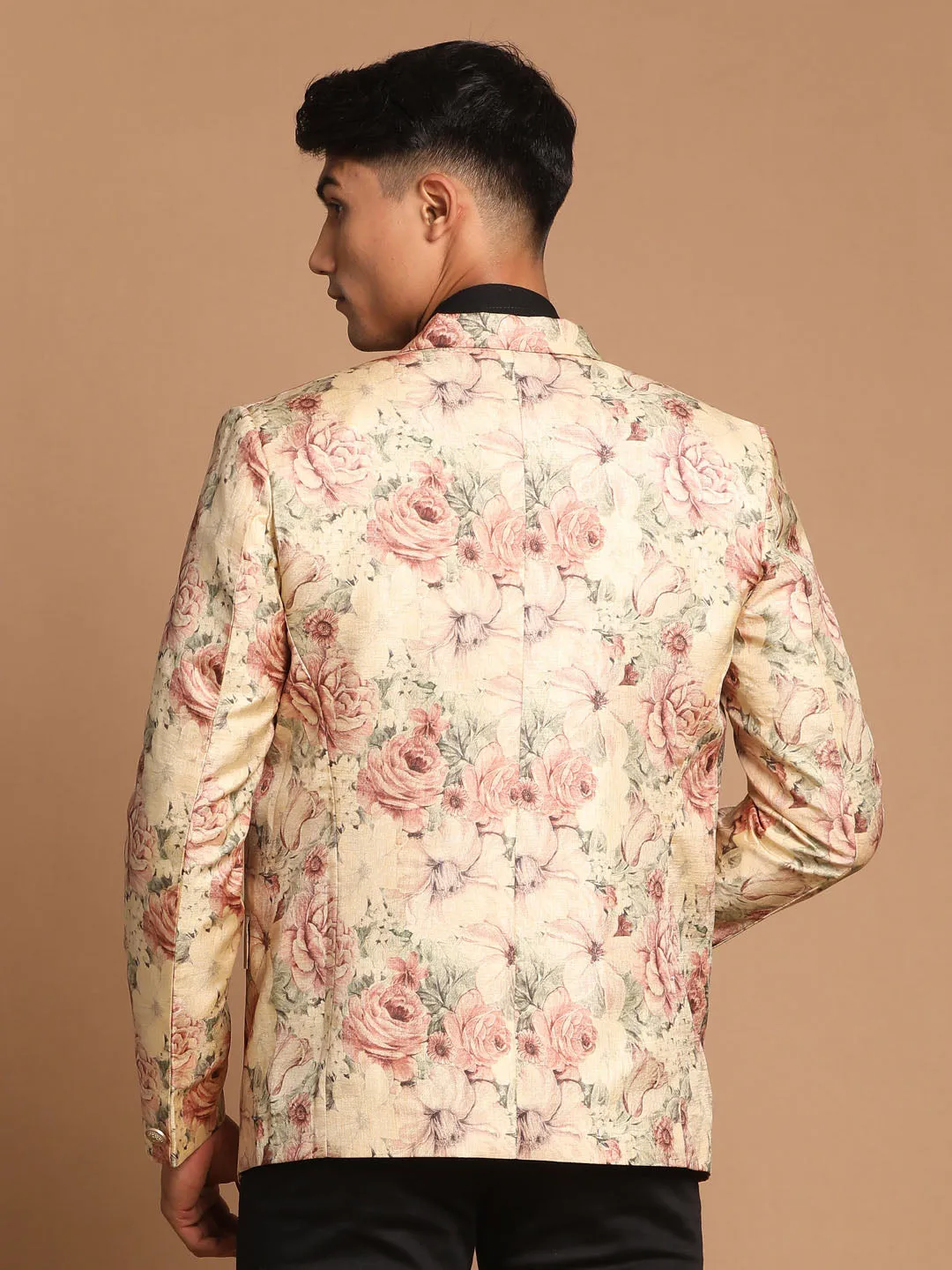 VASTRAMAY Beige Floral Print Silk Blazer