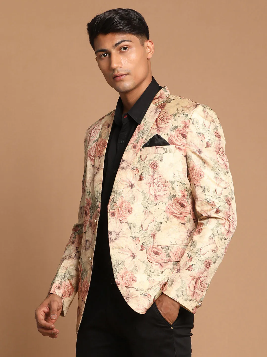 VASTRAMAY Beige Floral Print Silk Blazer