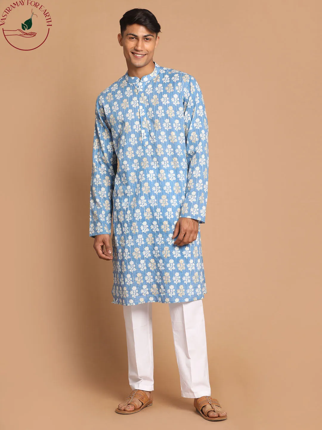 Vastramay Blue Floral Cotton Kurta Set