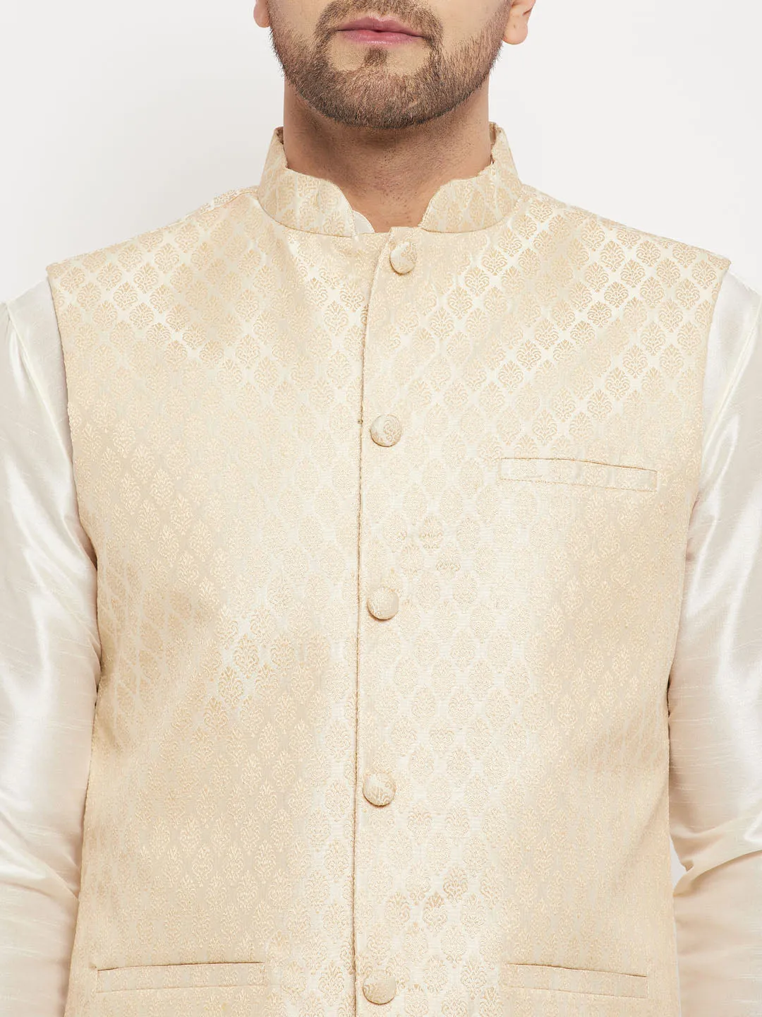 VASTRAMAY Cream Silk Jacket and Kurta Set