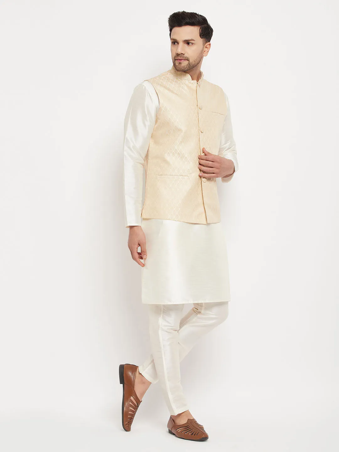 VASTRAMAY Cream Silk Jacket and Kurta Set