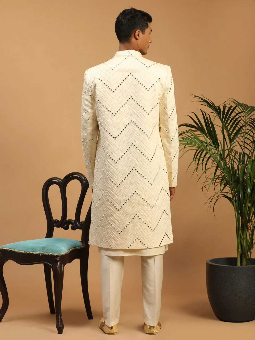 Vastramay Cream Solid Kurta Pant Set