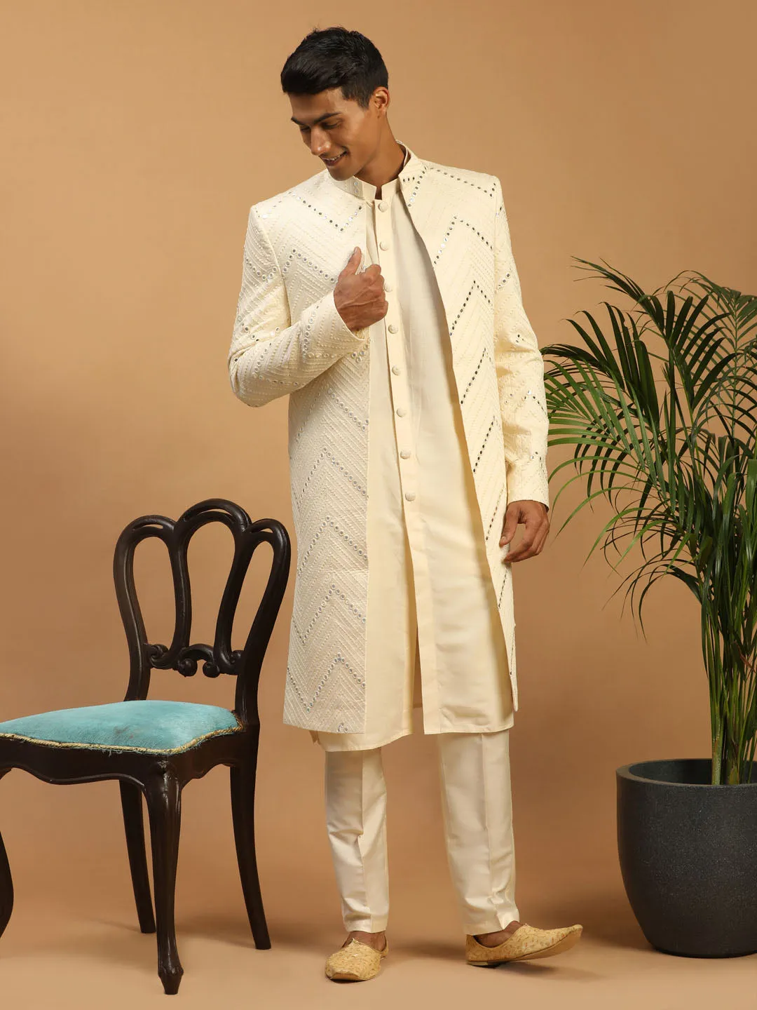 Vastramay Cream Solid Kurta Pant Set