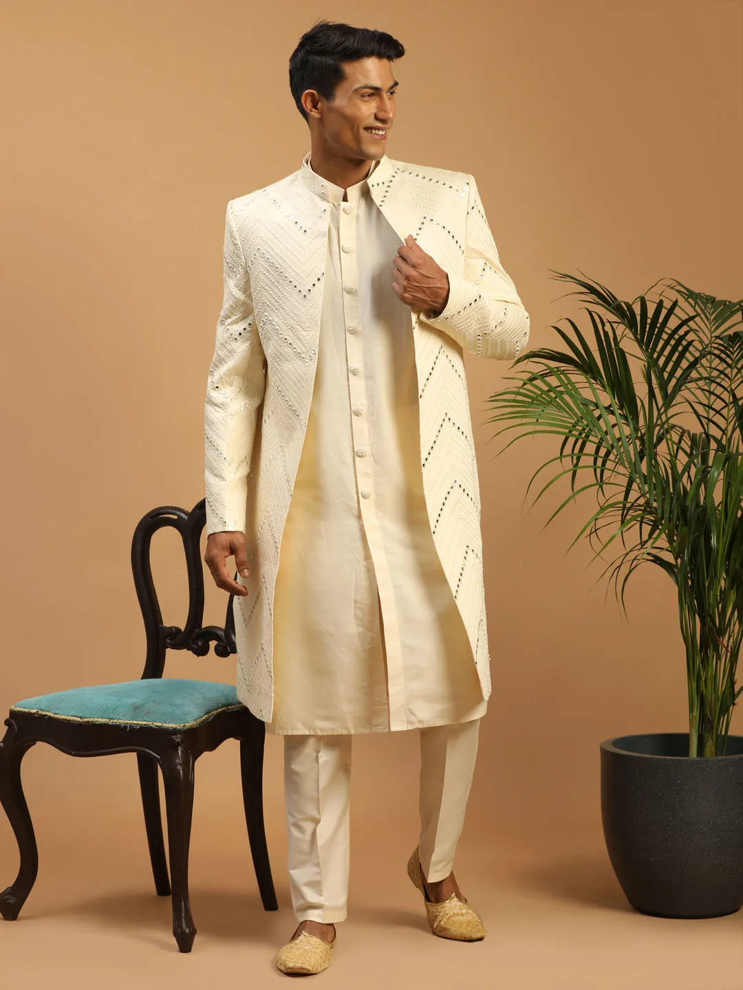 Vastramay Cream Solid Kurta Pant Set