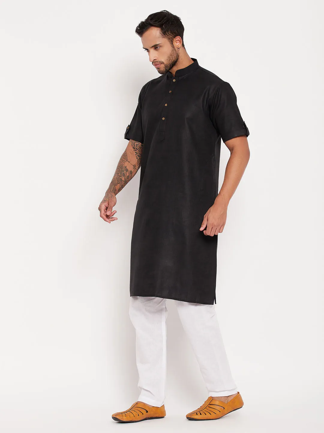 VASTRAMAY Men's Black Kurta with White Pyjama