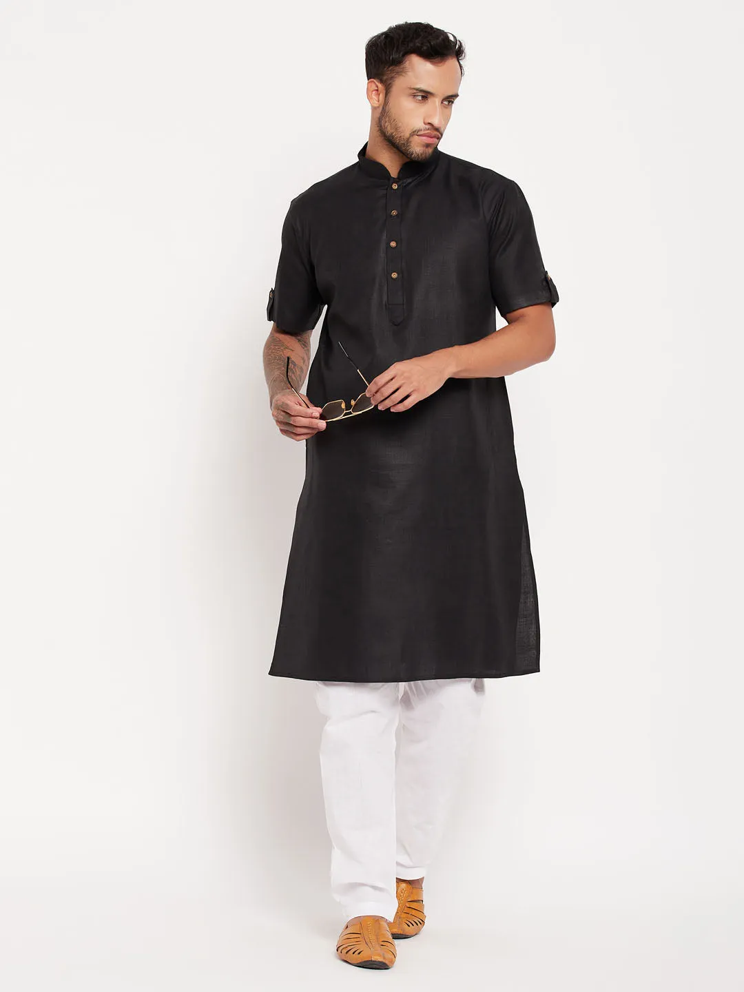 VASTRAMAY Men's Black Kurta with White Pyjama