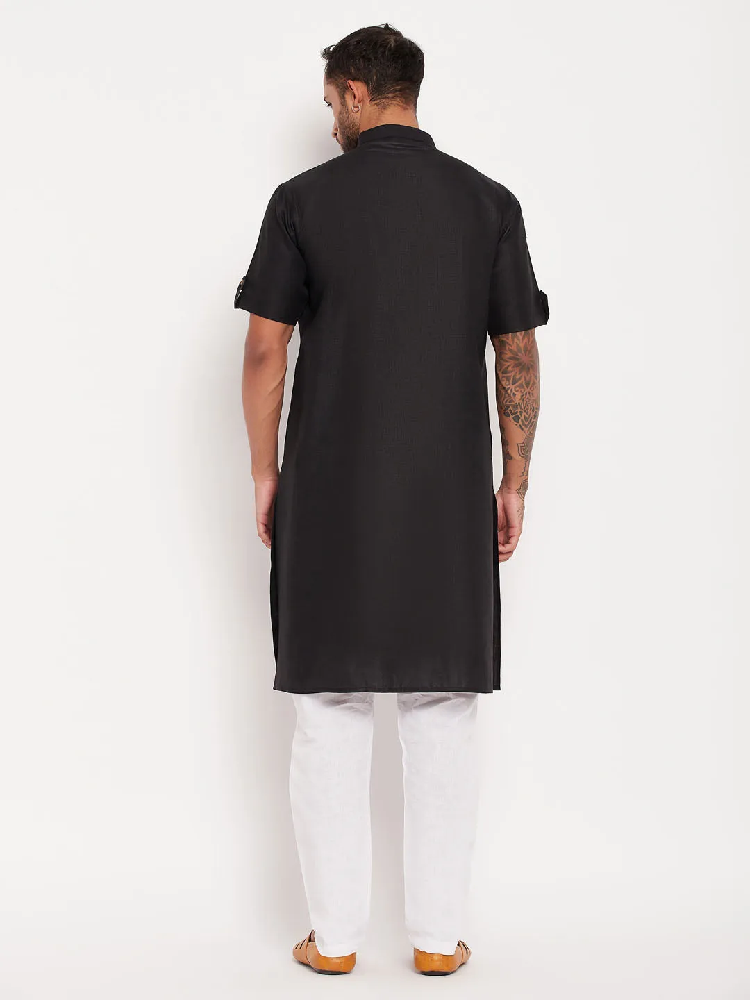 VASTRAMAY Men's Black Kurta with White Pyjama