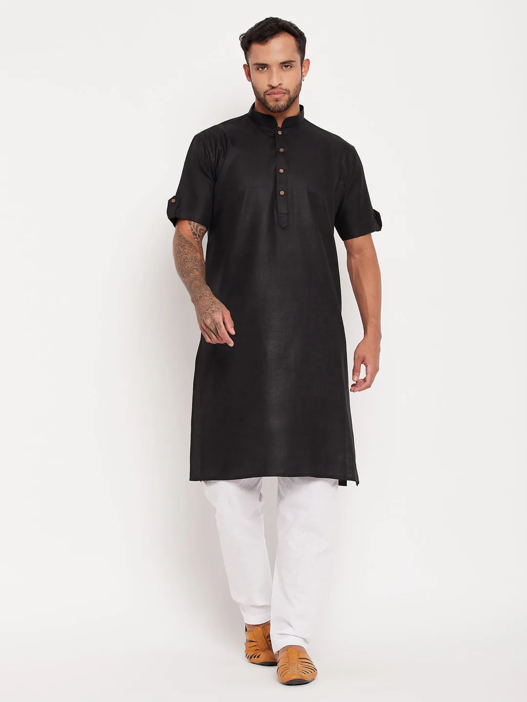 VASTRAMAY Men's Black Kurta with White Pyjama