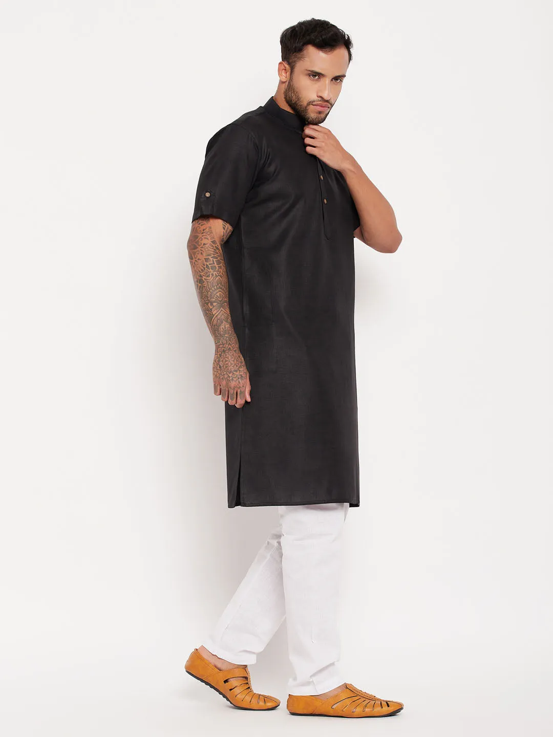 VASTRAMAY Men's Black Kurta with White Pyjama