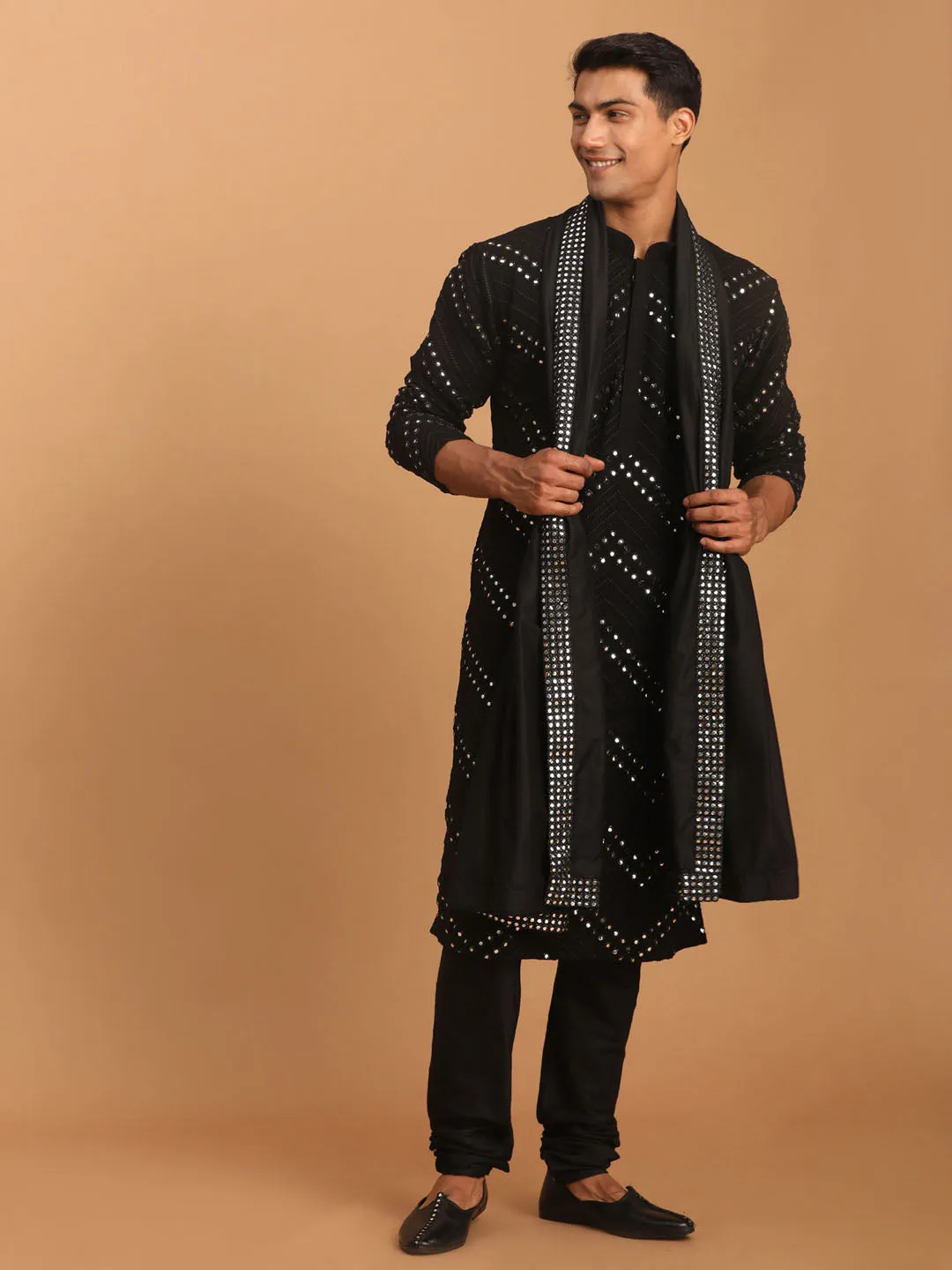 Vastramay Men's Black Mirror Kurta Set