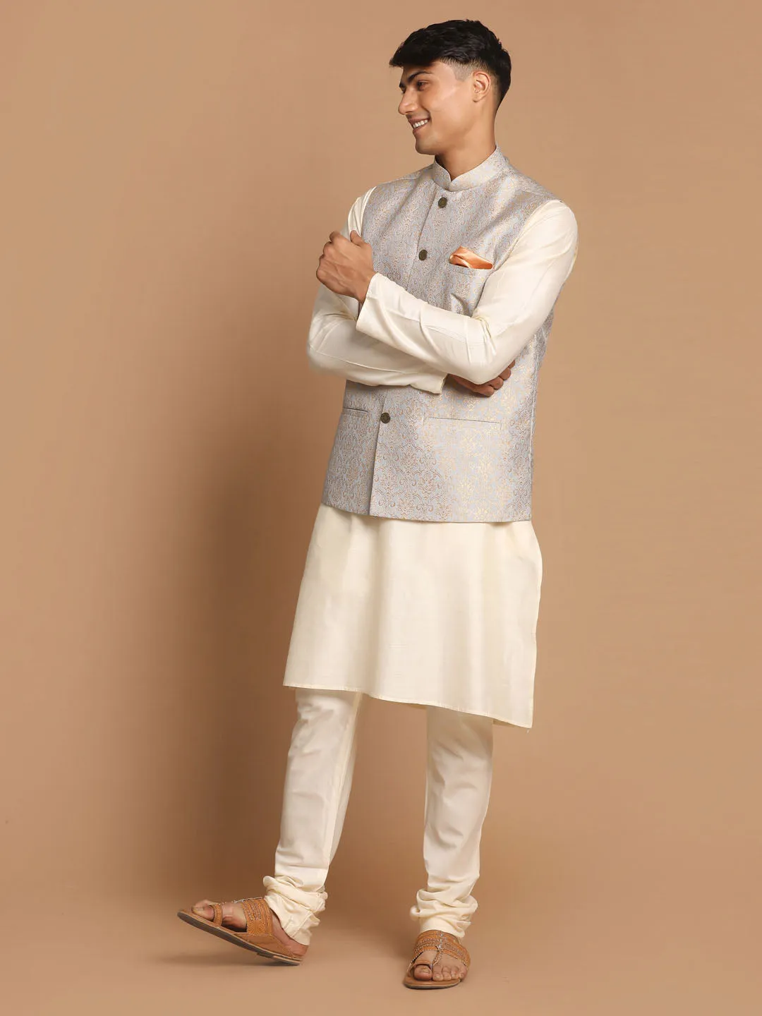 VASTRAMAY Men's Grey Jacket And Cream Kurta Set