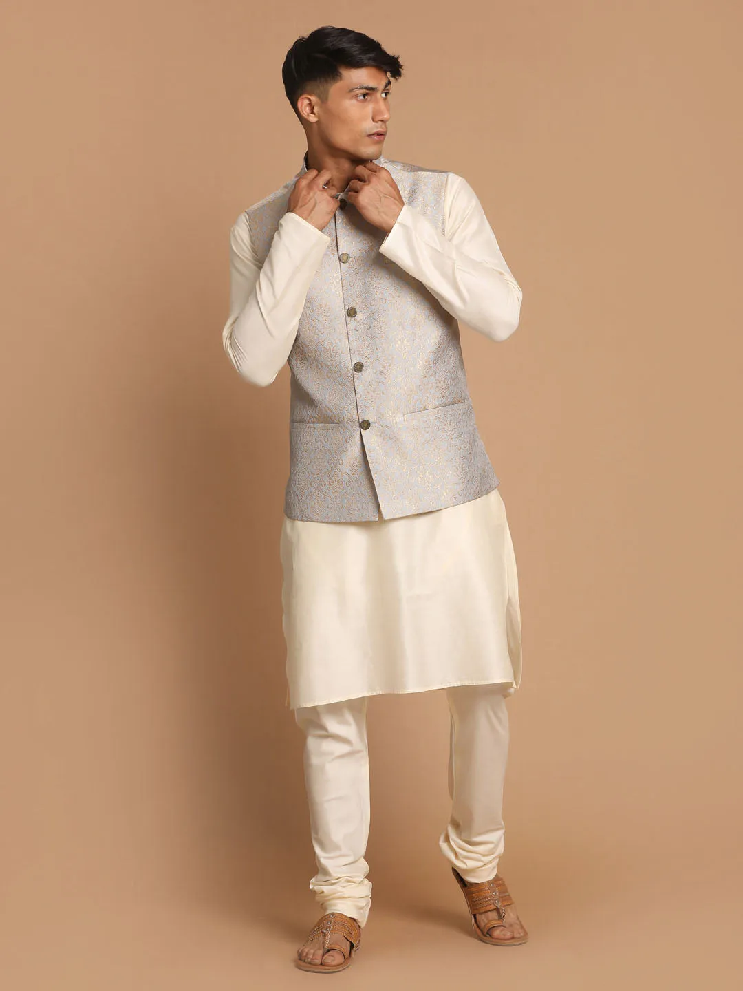 VASTRAMAY Men's Grey Jacket And Cream Kurta Set