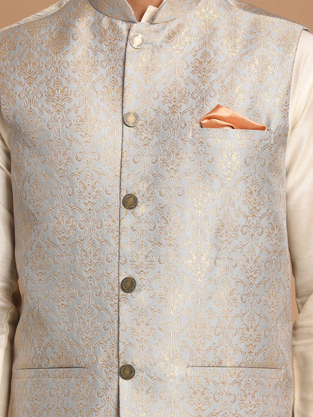 VASTRAMAY Men's Grey Jacket And Cream Kurta Set