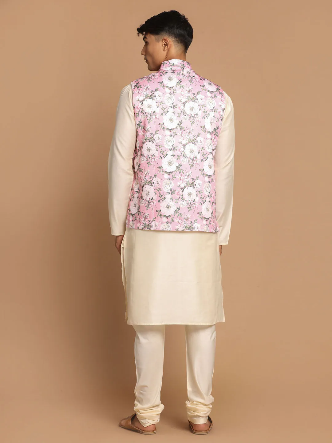 VASTRAMAY Pink Digital Floral Printed Royal Angrakha Nehru Jacket With Cream Kurta Pyjama Baap Beta Set