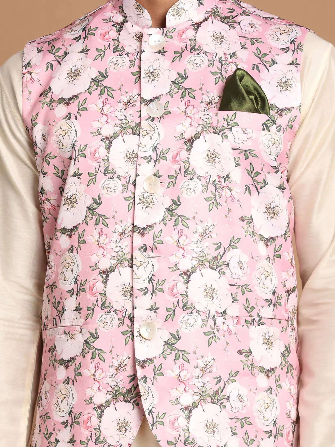 VASTRAMAY Pink Digital Floral Printed Royal Angrakha Nehru Jacket With Cream Kurta Pyjama Baap Beta Set