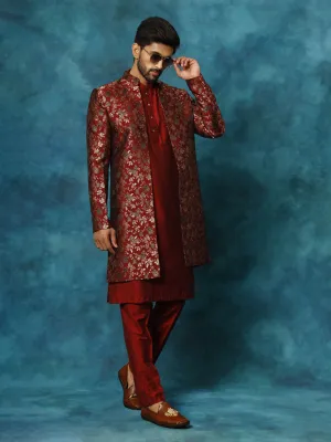 VASTRAMAY Red Jacquard Indo Western Kurta Set