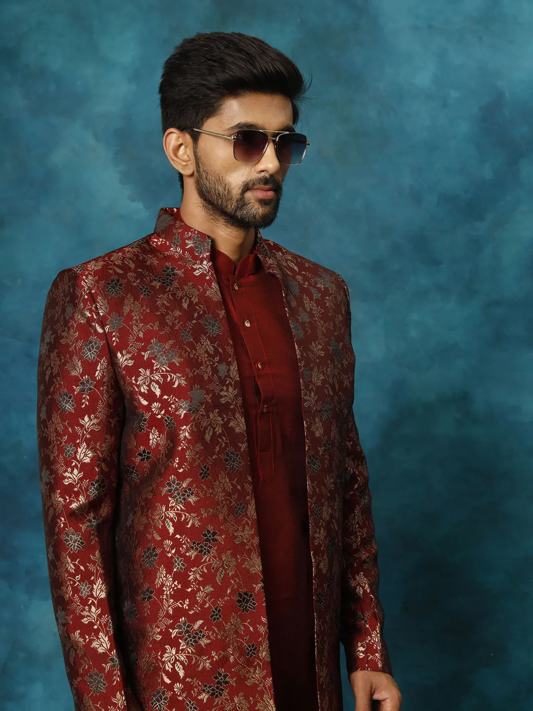 VASTRAMAY Red Jacquard Indo Western Kurta Set