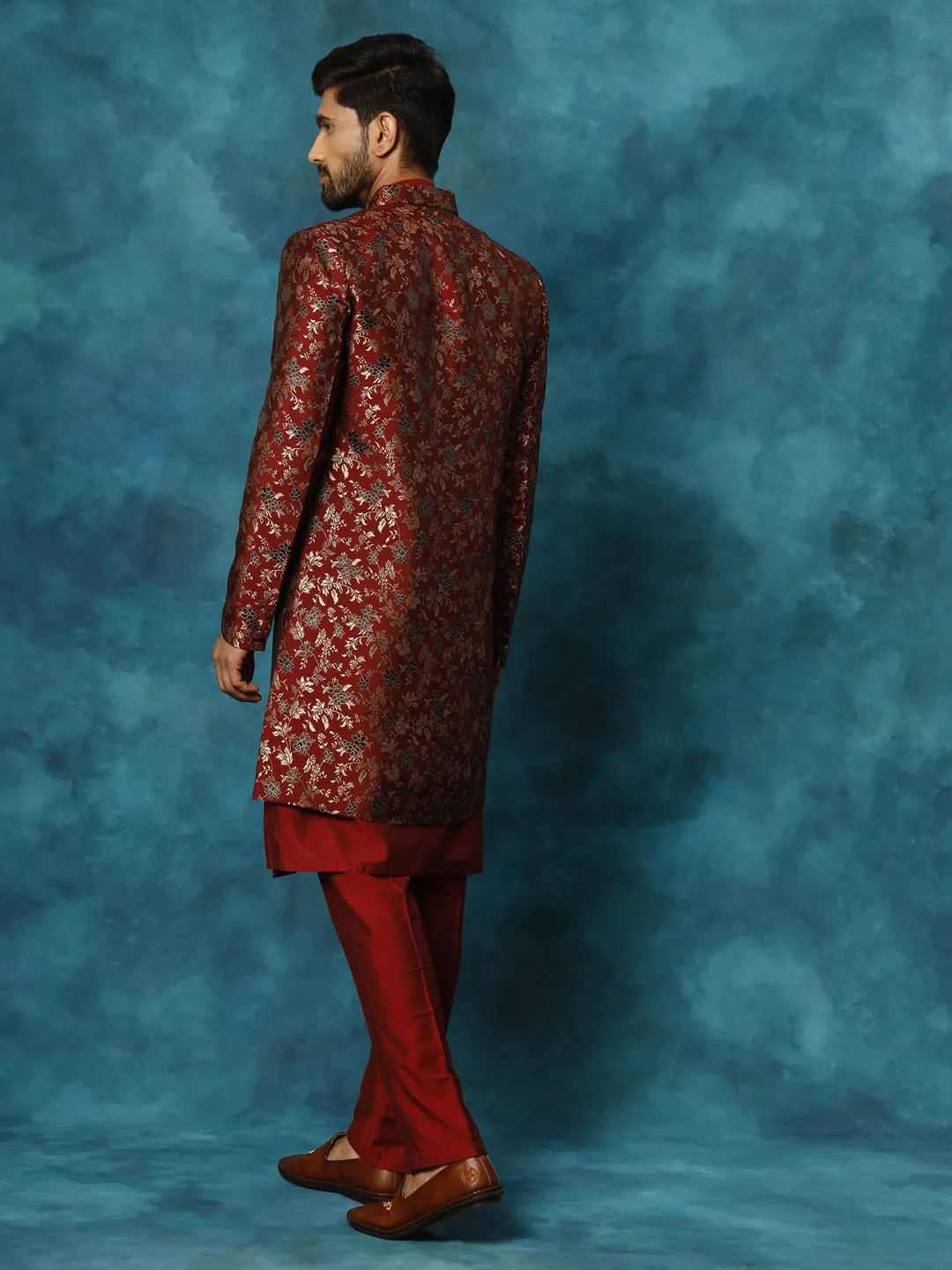 VASTRAMAY Red Jacquard Indo Western Kurta Set