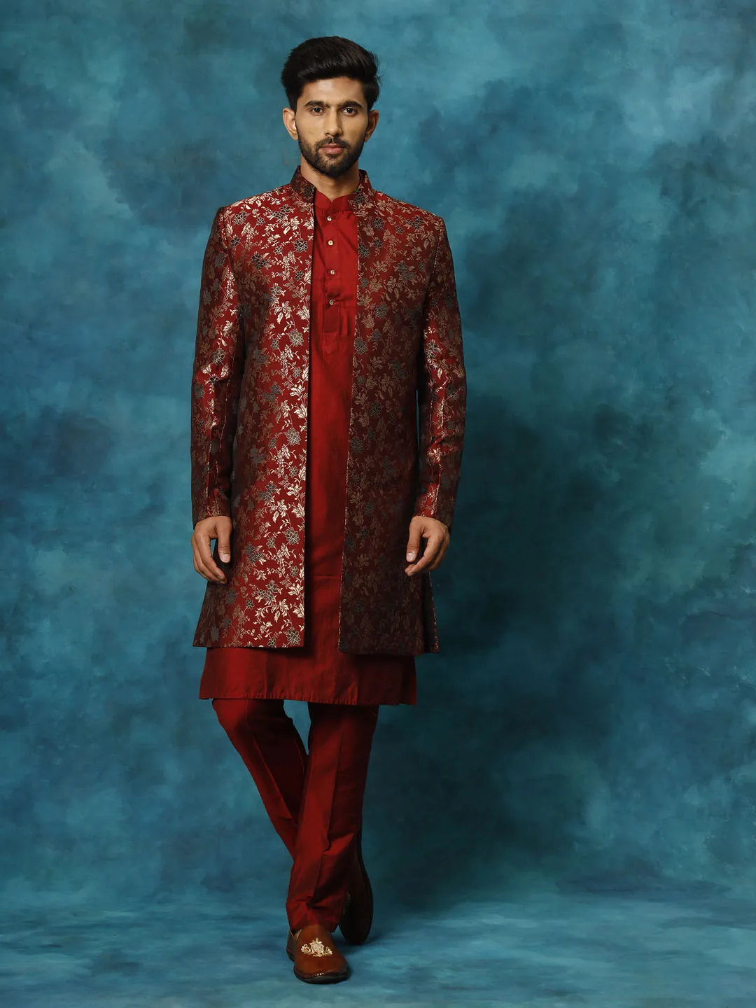 VASTRAMAY Red Jacquard Indo Western Kurta Set