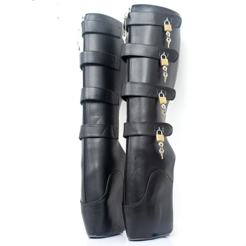 White Frontless Unisex Bondage Knee Length Ballet Platform Boots